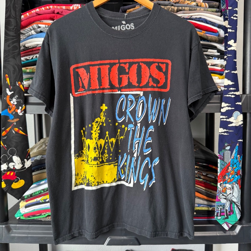 Retro Black Migos Crown The Kings Graphic Tee Large Light Distressing